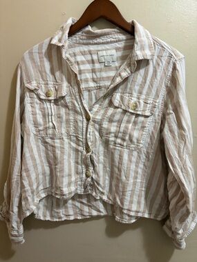 American Eagle Beige & White Striped Button-Front Shirt Jacket